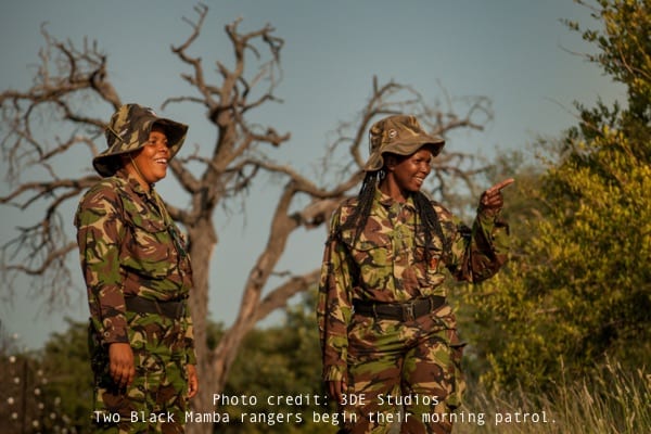 Two Black Mamba rangers begin their morning patrol. Photo credit: 3DE Studios